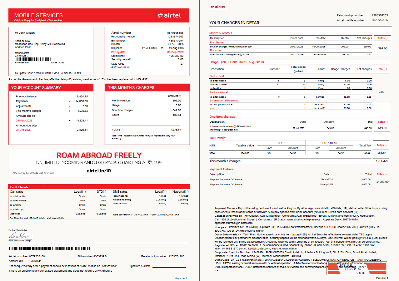 India airtel utility bill template in Word and PDF formats, 2 pages